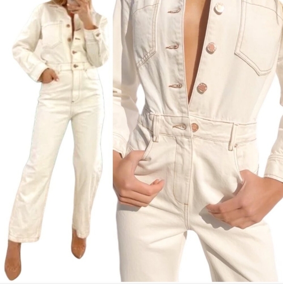 Zara Cream Ecru Utility Boilersuit Button Front Long Sleeve Jumpsuit Sz XS - Picture 1 of 13